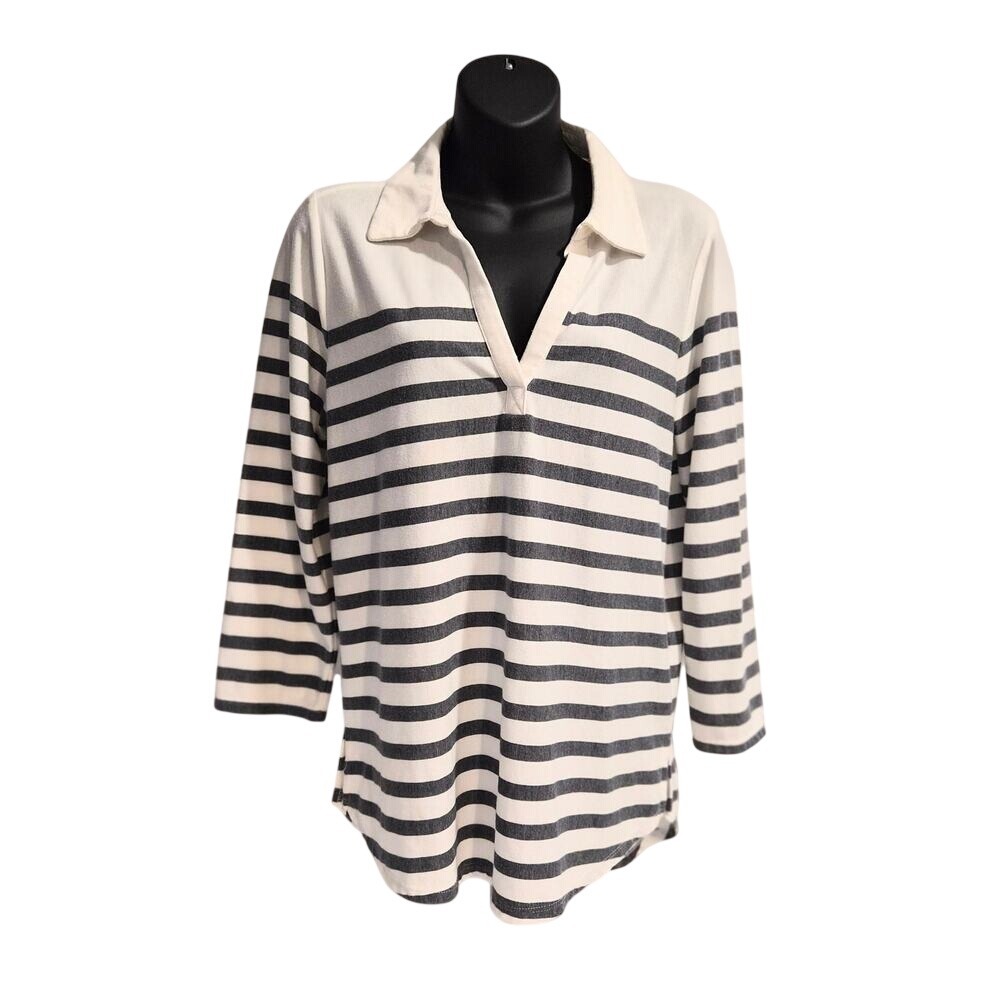 Bobeau Striped Polo Top Cream Navy Blue 3/4 Sleeve V-Neck French Terry MT4KG7‎ L